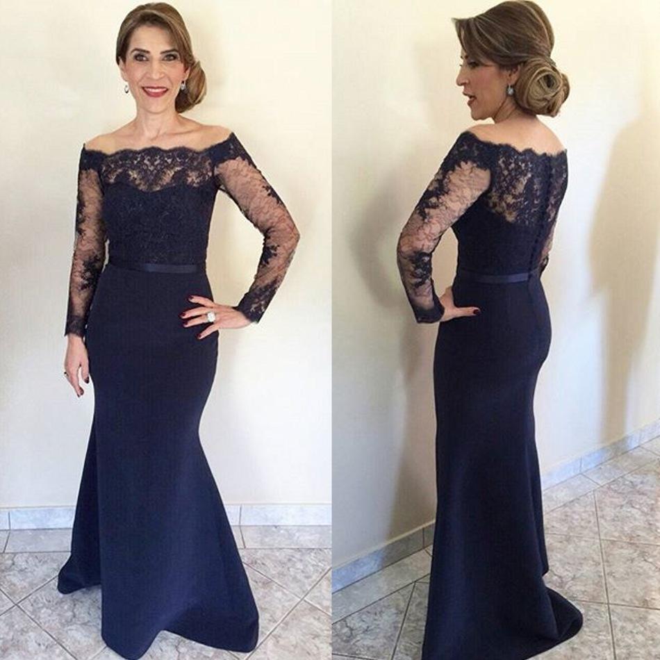 Navy Blue Lace Long Mother Of The Bride Dresses 2017, Long Sleeve